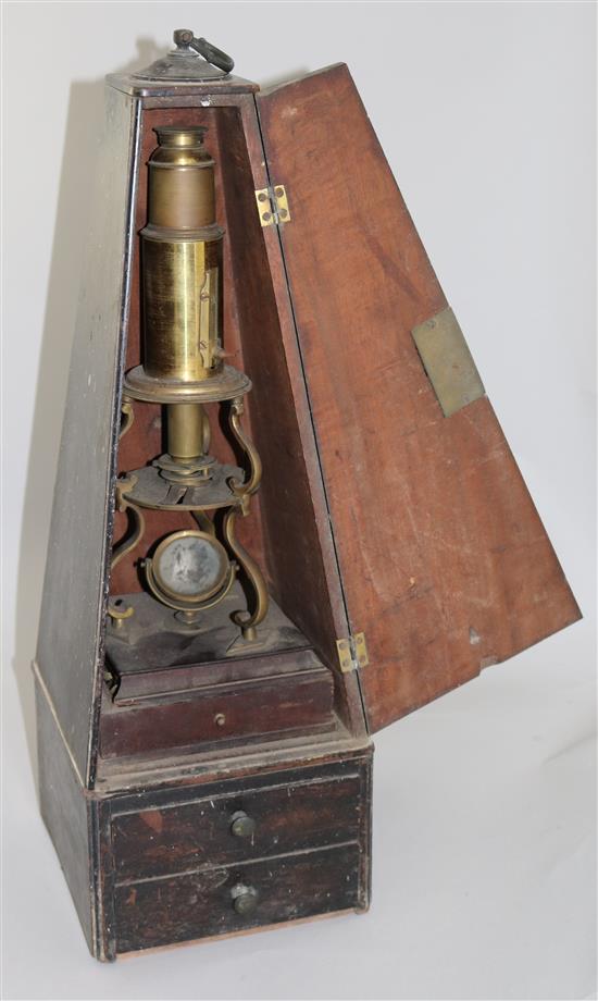 An 18th century Culpepers three pillared microscope, microscope 12.5in., case overall 22.5in.